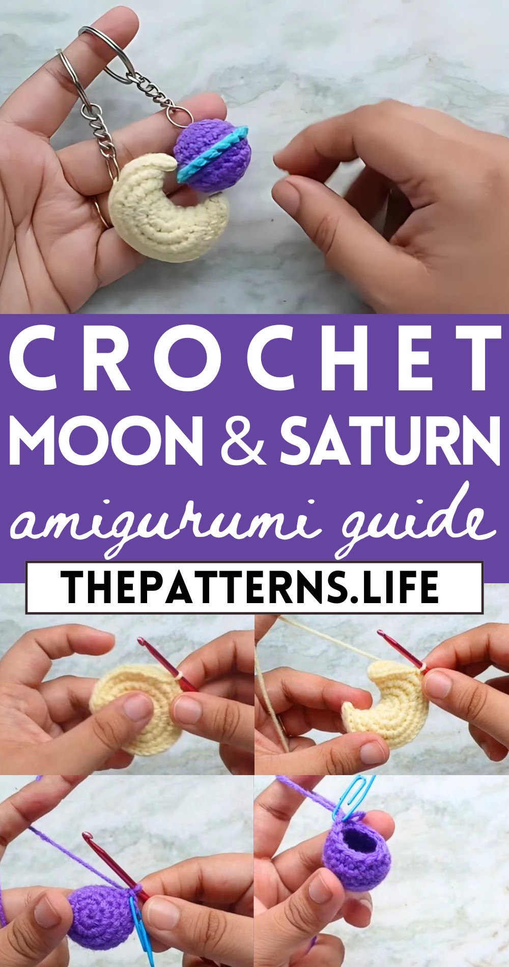 Crochet Cute Moon & Saturn Amigurumi Pattern For Keychain & Bag Charm